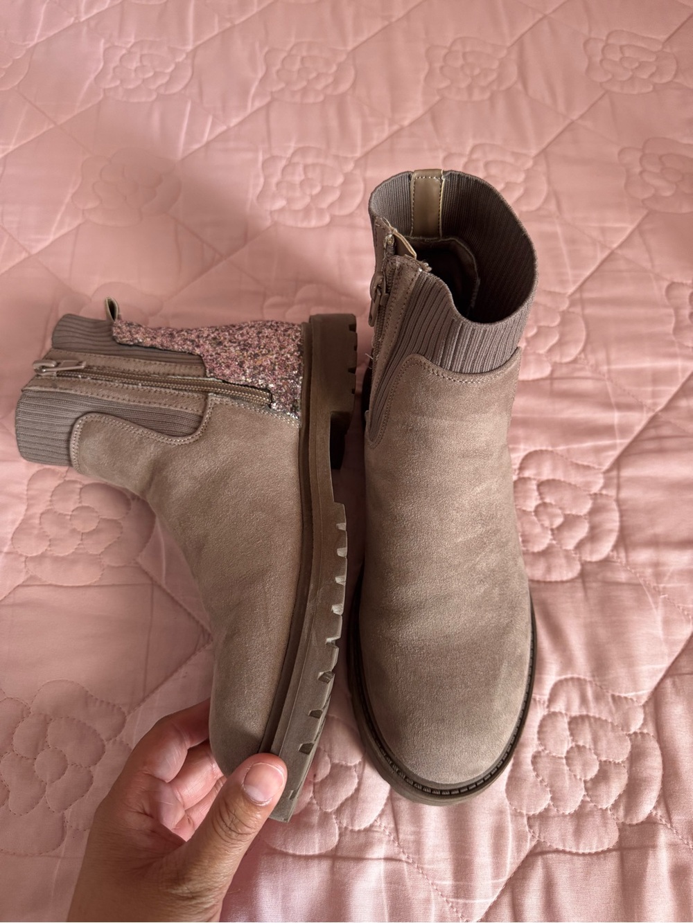 Steve Madden Taupe Suede Ankle Boots with Knit Cuff & Glitter Panel